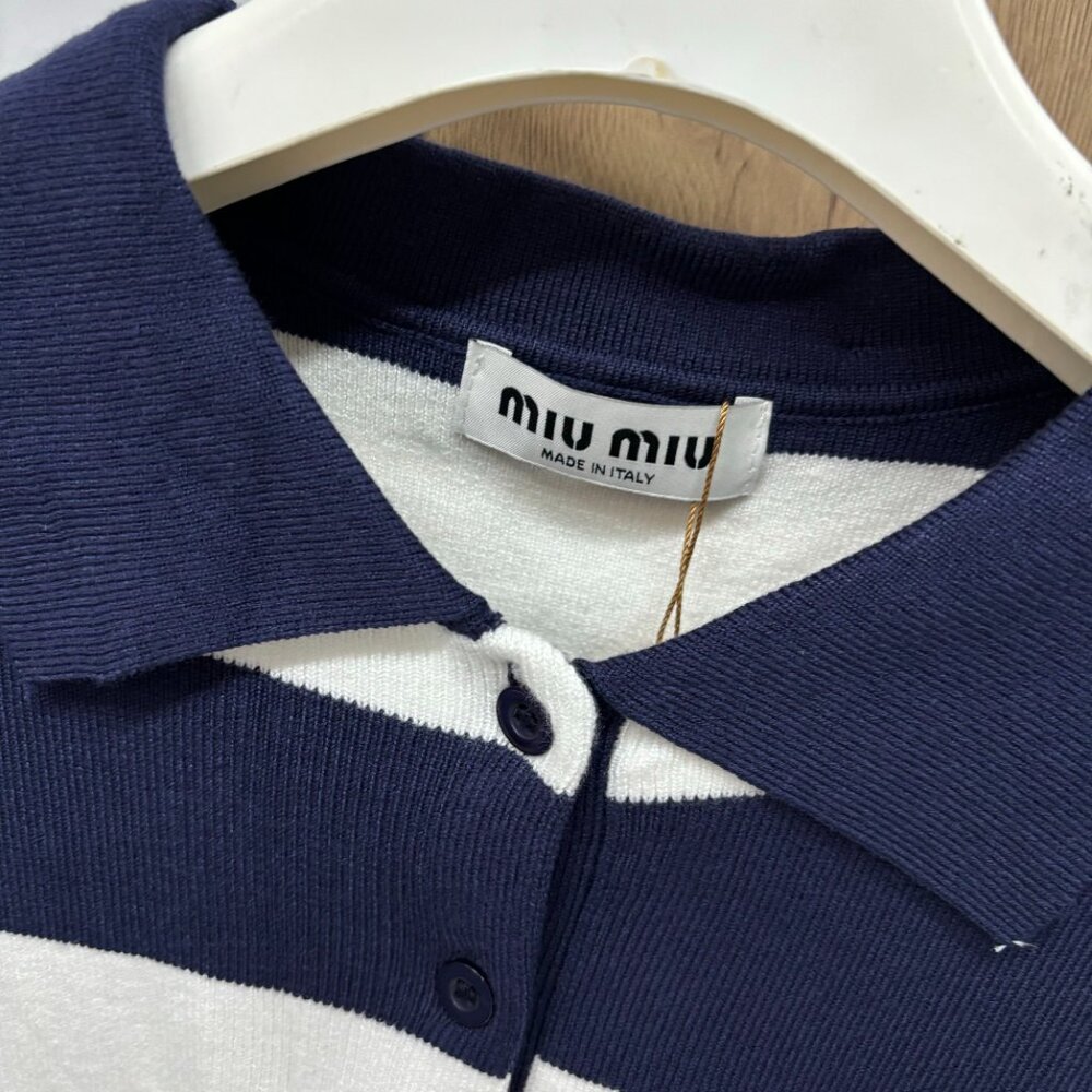 Miu Miu Women's Navy and White Striped Polo Shirt - Picture 3 of 6